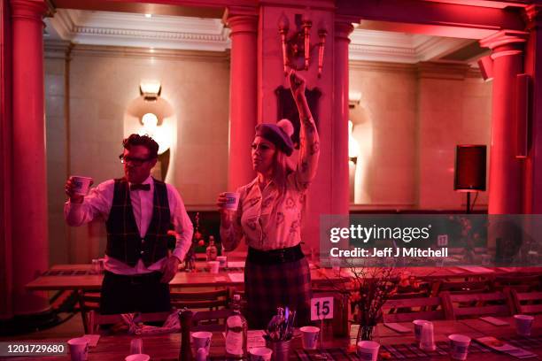 Members of the public attend the Burns & Beyond traditional Burns Supper in the Freemasons Hall on January 24, 2020 in Edinburgh, Scotland. The...