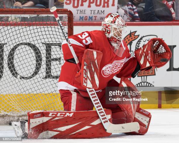 Goaltender Jimmy Howard of the Detroit Red Wings makes a glove save during warm-ups prior to an NHL game against the Montreal Canadiens at Little...