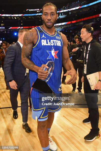 Kawhi Leonard of Team LeBron is awarded the Kobe Bryant MVP during the 69th NBA All-Star Game as part of 2020 NBA All-Star Weekend on February 16,...