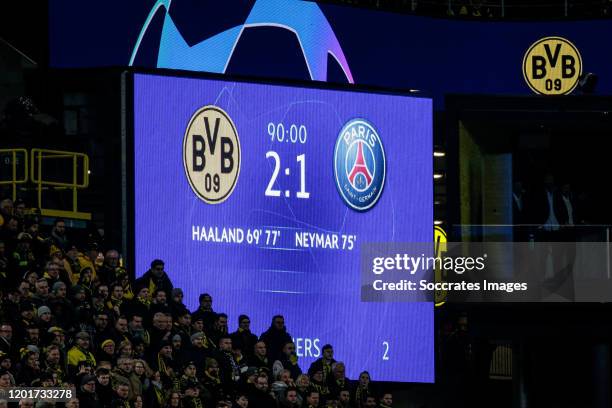 Scorebord during the UEFA Champions League match between Borussia Dortmund v Paris Saint Germain at the Signal Iduna Park on February 18, 2020 in...