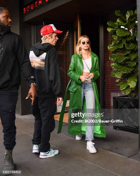 Justin Bieber and Hailey Rhode Bieber are seen on February 18, 2020 in Los Angeles, California.