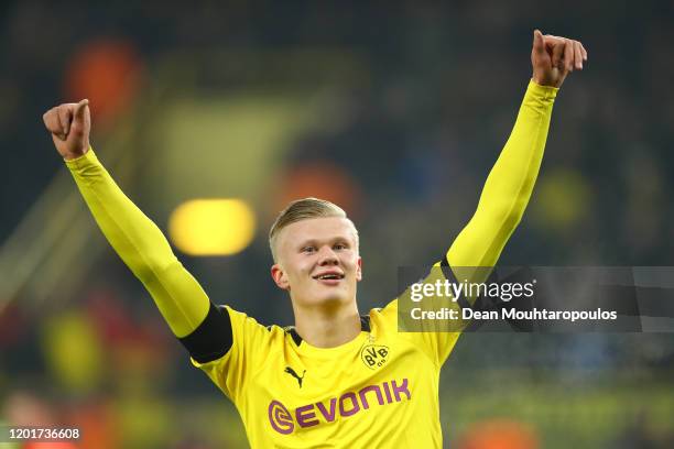 Erling Haaland of Borussia Dortmund celebrates after he scores his sides 5th goal and his 2nd of the game during the Bundesliga match between...