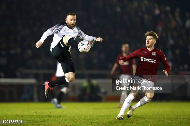 Wayne Rooney of Derby County controls the ball during the FA Cup Fourth Round match between Northampton Town and Derby County at PTS Academy Stadium...