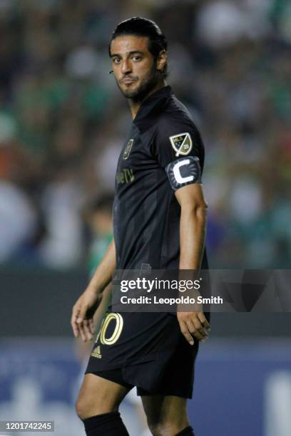 Carlos Vela of LAFC pauses during the round of 16 match between Leon and LAFC as part of the CONCACAF Champions League 2020 at Leon Stadium on...