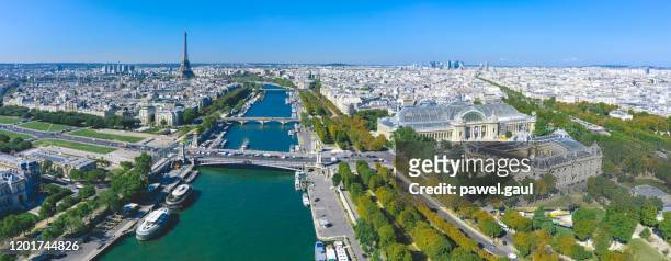 aerial view of paris with seine river - ile de france stock pictures, royalty-free photos & images