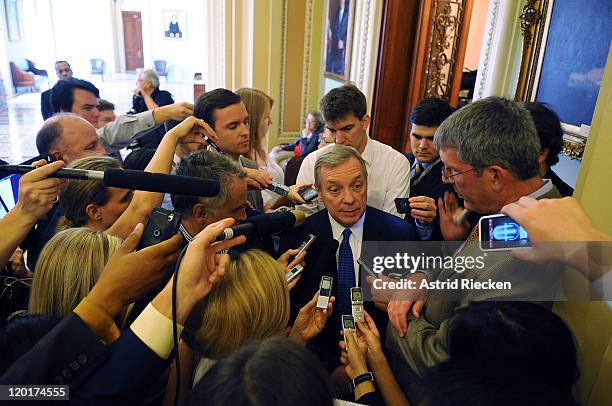 Sen. Richard Durbin speaks to reporters after voting on the debt ceiling July 31, 2011 in Washington, DC. As the United States approaches the...