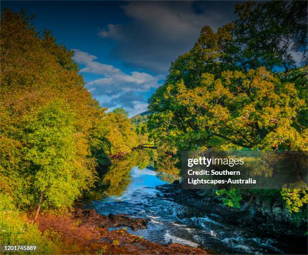 a reflection in the dochart river, summertime in killin, scotland, united kingdom - australia summer reflection foto e immagini stock