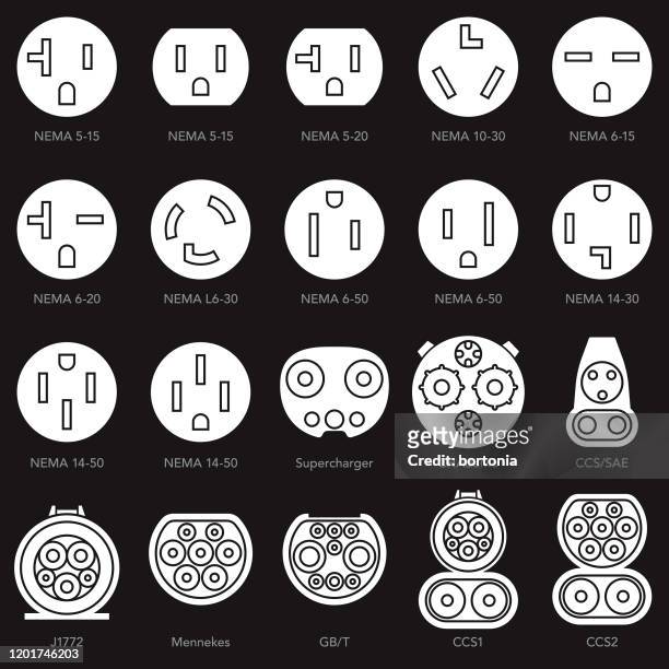 electric vehicle plug types icon set - wired stock illustrations