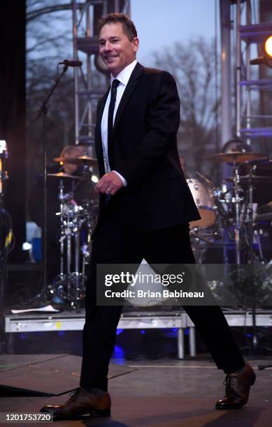 Head coach Bruce Cassidy of the Boston Bruins is introduced onstage prior to the O.A.R. Performance at Enterprise Center as part of the 2020 NHL...