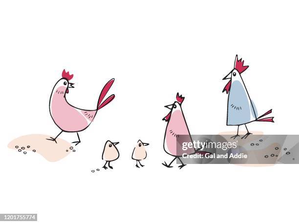 illustration eines huhns, küken und hähne im cartoon-stil - huhn geflügel stock-grafiken, -clipart, -cartoons und -symbole