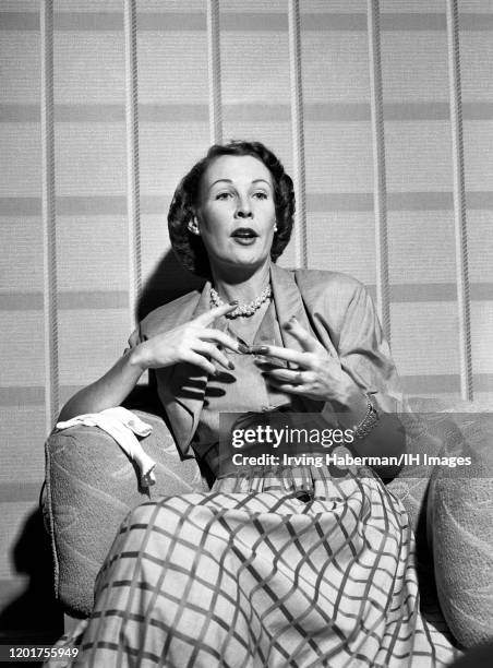 British-American film and television actress Wendy Barrie gives an interview circa June, 1948 in New York, New York.