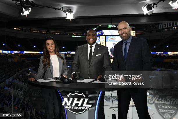 Network sportscasters Jackie Redmond, Kevin Weekes and Mike Rupp look on prior to covering the 2020 NHL All-Star Skills competition at Enterprise...