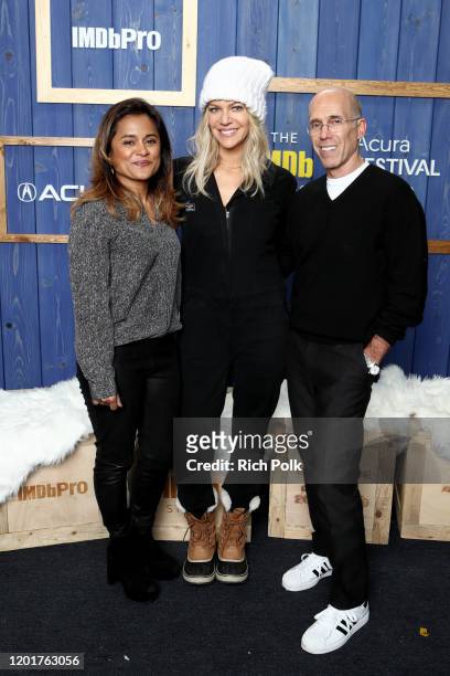 Veena Sud, Kaitlin Olson of 'Flipped' and Jeffrey Katzenberg of 'Quibi' attend the IMDb Studio at Acura Festival Village on location at the 2020...