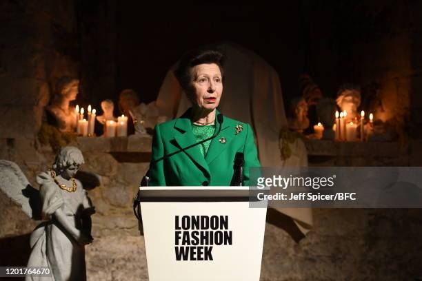 Princess Anne, Princess Royal speaks at The Queen Elizabeth II Award for British Design presentation during London Fashion Week February 2020 on...