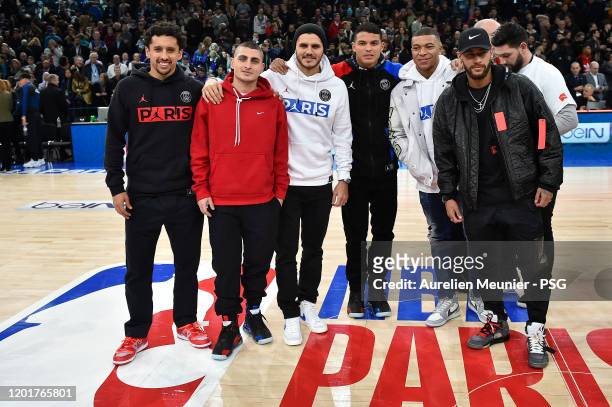 Marquinhos, Marco Verratti, Mauro Icardi, Thiago Silva, Kylian Mbappe and Neymar Jr of Paris Saint-Germain attend the NBA match between Milwaukee...