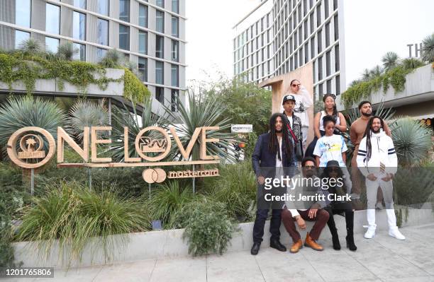 Skip, Joshua, Mystic, Zuri, Nico, Rohan, Cedella, Shacia and Julian Marley pose outside Primary Wave x Island Records Presented By Mastercard: One...