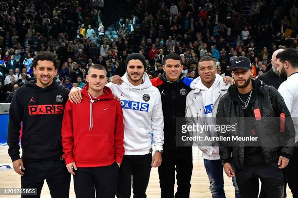 Marquinhos, Marco Verratti, Mauro Icardi, Thiago Silva, Kylian Mbappe and Neymar Jr of Paris Saint-Germain during the NBA Paris Game match between...