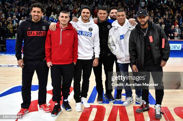 Marquinhos, Marco Verratti, Mauro Icardi, Thiago Silva, Kylian Mbappe and Neymar Jr of Paris Saint-Germain during the NBA Paris Game match between...