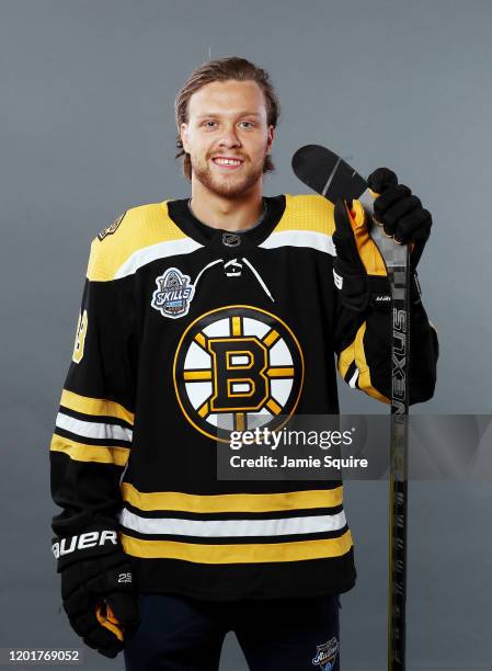 David Pastrnak of the Boston Bruins poses for a portrait ahead of the 2020 NHL All-Star Game at Enterprise Center on January 24, 2020 in St Louis,...