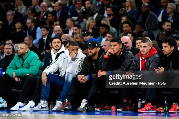 Layvin Kurzawa, Kylian Mbappe, Neymar Jr, Thiago Silva, Marco Verratti and Marquinhos of Paris Saint-Germain attend the NBA match between Milwaukee...