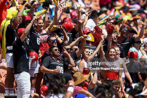 Fans show their support during the 2020 HSBC Sevens at FMG Stadium Waikato on January 25, 2020 in Hamilton, New Zealand.