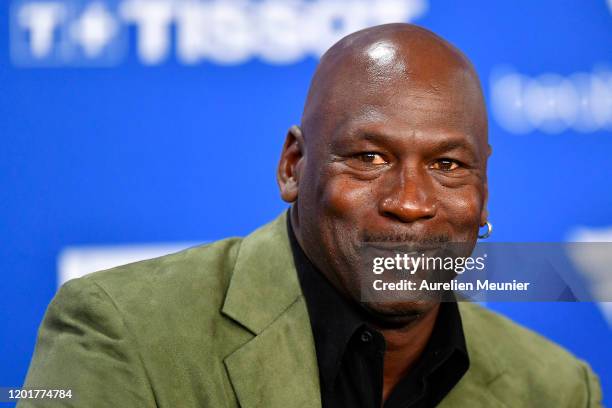 Michael Jordan attends a press conference before the NBA Paris Game match between Charlotte Hornets and Milwaukee Bucks on January 24, 2020 in Paris,...