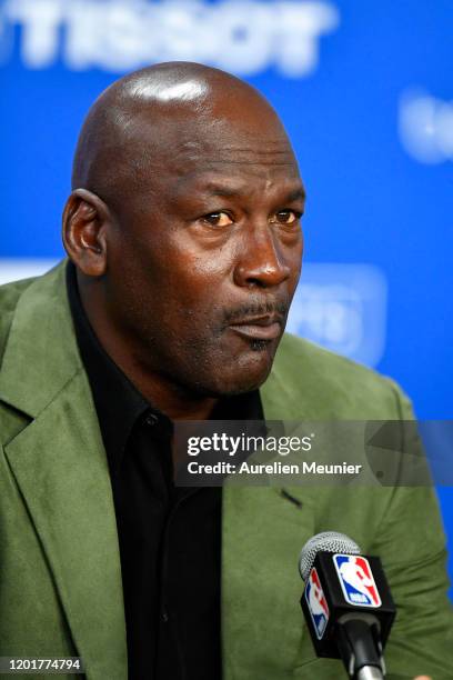 Michael Jordan attends a press conference before the NBA Paris Game match between Charlotte Hornets and Milwaukee Bucks on January 24, 2020 in Paris,...