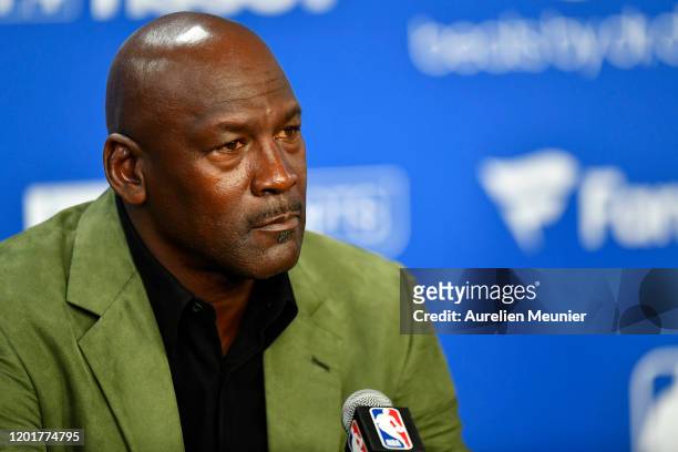 Michael Jordan attends a press conference before the NBA Paris Game match between Charlotte Hornets and Milwaukee Bucks on January 24, 2020 in Paris,...
