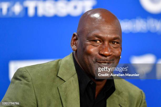 Michael Jordan attends a press conference before the NBA Paris Game match between Charlotte Hornets and Milwaukee Bucks on January 24, 2020 in Paris,...