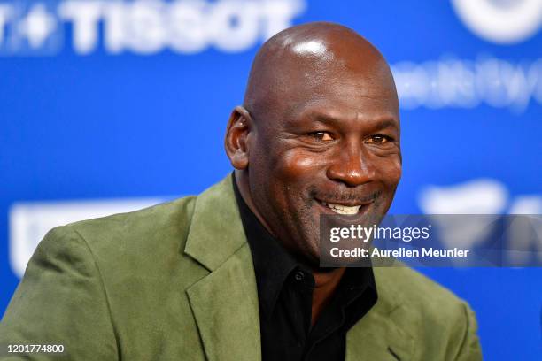 Michael Jordan attends a press conference before the NBA Paris Game match between Charlotte Hornets and Milwaukee Bucks on January 24, 2020 in Paris,...