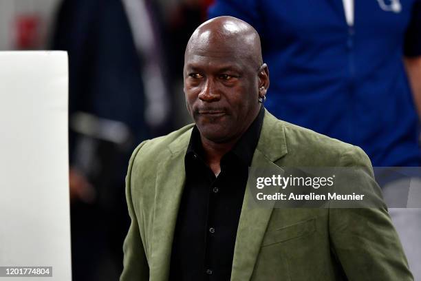 Michael Jordan attends a press conference before the NBA Paris Game match between Charlotte Hornets and Milwaukee Bucks on January 24, 2020 in Paris,...