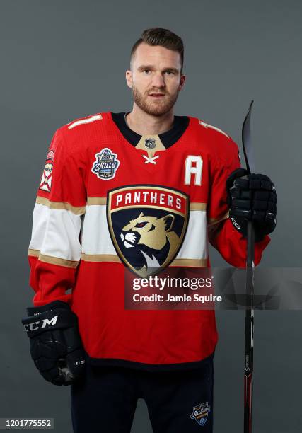 Jonathan Huberdeau of the Florida Panthers poses for a portrait ahead of the 2020 NHL All-Star Game at Enterprise Center on January 24, 2020 in St...