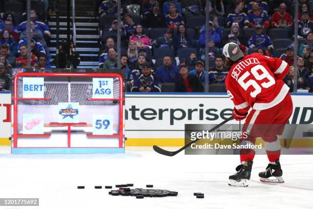 Tyler Bertuzzi of the Detroit Red Wings competes in the Honda NHL Accuracy Shooting event during the 2020 NHL All-Star Skills competition at...