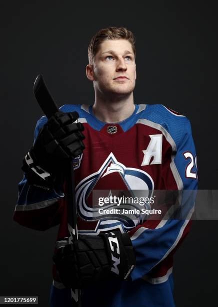 Nathan MacKinnon of the Colorado Avalanche poses for a portrait ahead of the 2020 NHL All-Star Game at Enterprise Center on January 24, 2020 in St...