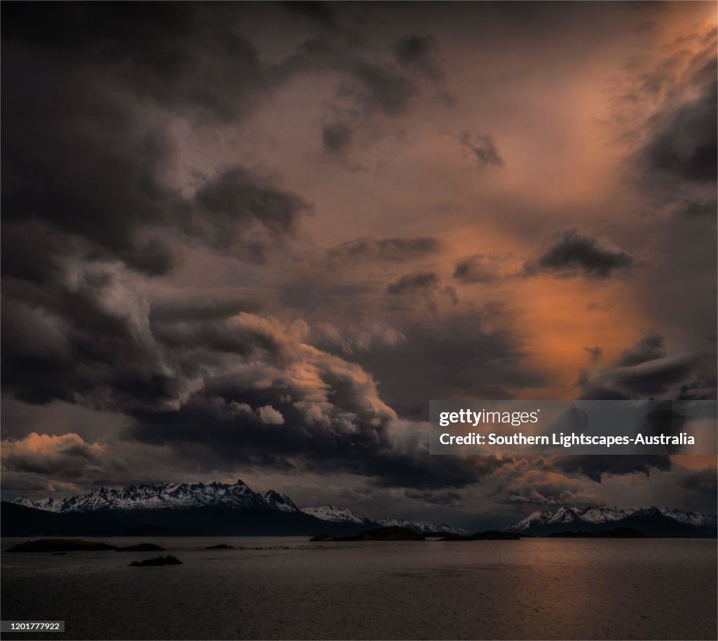 Approaching storm and dramatic skies in the Beagle channel, Tierra Del Fuego, Argentina.