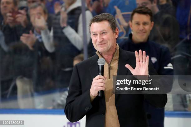 Wayne Gretzky addresses fans prior to the 2020 NHL All-Star Skills Competition at Enterprise Center on January 24, 2020 in St Louis, Missouri.