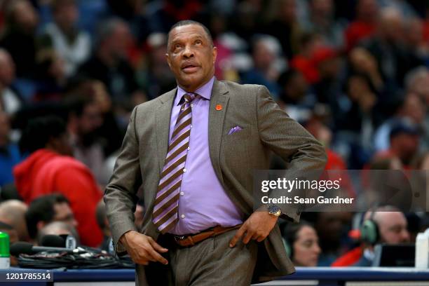 Alvin Gentry of the New Orleans Pelicans looks on during a NBA game against the Denver Nuggets at Smoothie King Center on January 24, 2020 in New...