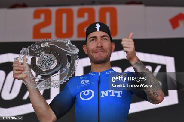 Podium / Giacomo Nizzolo of Italy and Team NTT Pro Cycling / Celebration / Trophy / during the 22nd Santos Tour Down Under 2020, Stage 5 a 149,1km...