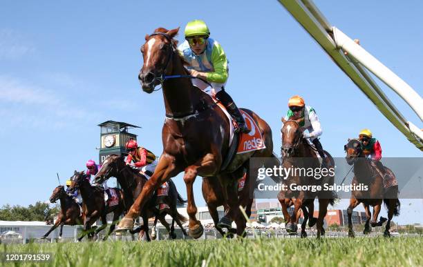 Jockey Lewis German rides News Girl during Race 7, Le Pine Funerals Handicap during Melbourne Racing at Caulfield Racecourse on January 25, 2020 in...