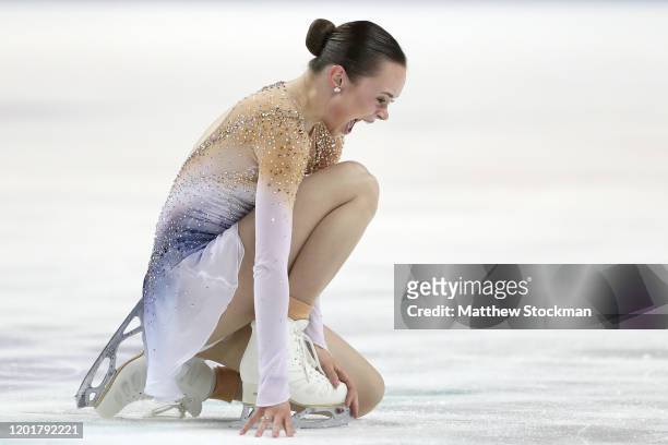 Mariah Bell reacts after skating in the Ladies Free skate during the 2020 U.S. Figure Skating Championships at Greensboro Coliseum on January 24,...