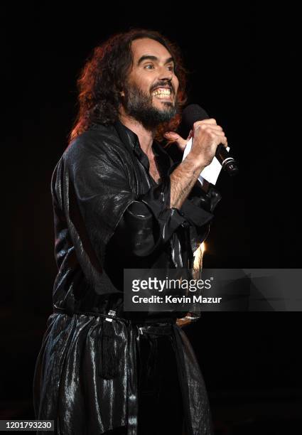 Russell Brand speaks onstage during MusiCares Person of the Year honoring Aerosmith at West Hall at Los Angeles Convention Center on January 24, 2020...