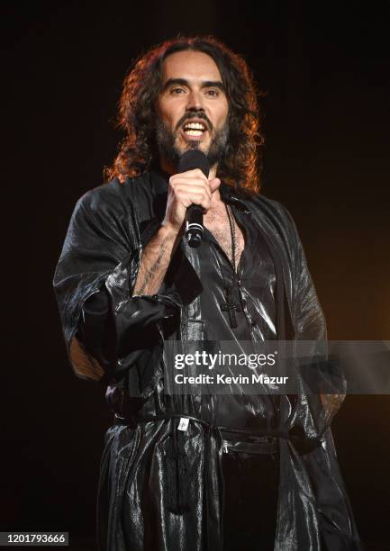 Russell Brand speaks onstage during MusiCares Person of the Year honoring Aerosmith at West Hall at Los Angeles Convention Center on January 24, 2020...