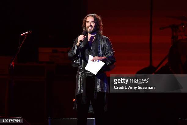 Host Russell Brand speaks onstage during MusiCares Person of the Year honoring Aerosmith at West Hall at Los Angeles Convention Center on January 24,...