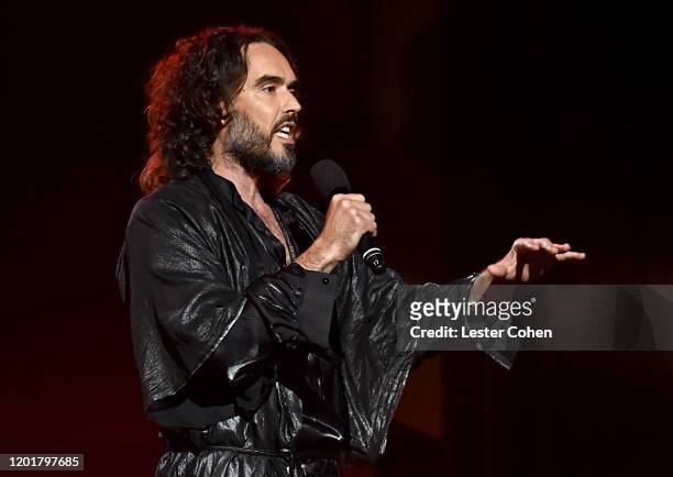 Russell Brand speaks onstage during MusiCares Person of the Year honoring Aerosmith at West Hall at Los Angeles Convention Center on January 24, 2020...