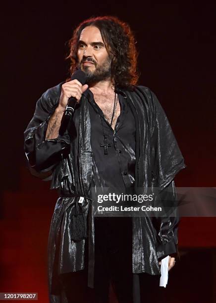 Russell Brand speaks onstage during MusiCares Person of the Year honoring Aerosmith at West Hall at Los Angeles Convention Center on January 24, 2020...