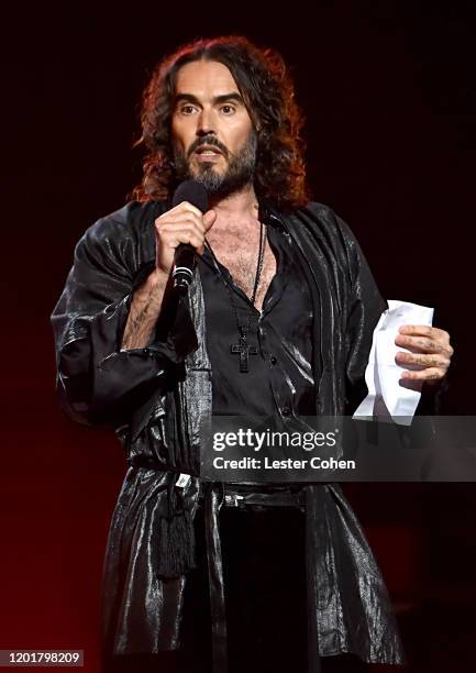 Russell Brand speaks onstage during MusiCares Person of the Year honoring Aerosmith at West Hall at Los Angeles Convention Center on January 24, 2020...