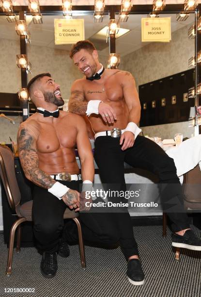 S Rogan O'Connor and Joss Mooney backstage at Chippendales at Rio All-Suite Hotel & Casino on January 24, 2020 in Las Vegas, Nevada.