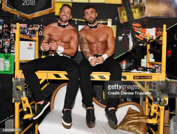 S Joss Mooney and Rogan O'Connor backstage at Chippendales at Rio All-Suite Hotel & Casino on January 24, 2020 in Las Vegas, Nevada.