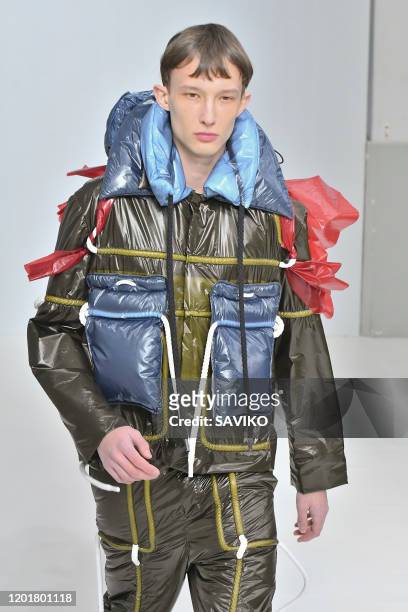 Model walks the runway during the Craig Green Menswear Fall/Winter 2020-2021 fashion show as part of Paris Fashion Week on January 19, 2020 in Paris,...