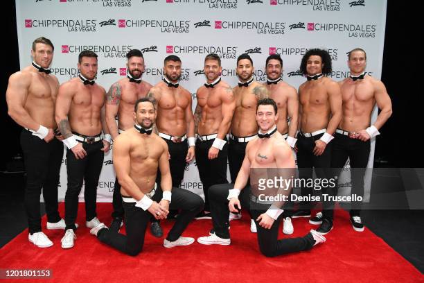 S Rogan O'Connor and Joss Mooney pose for a photo with the cast of Chippendales at Chippendales at Rio All-Suite Hotel & Casino on January 24, 2020...